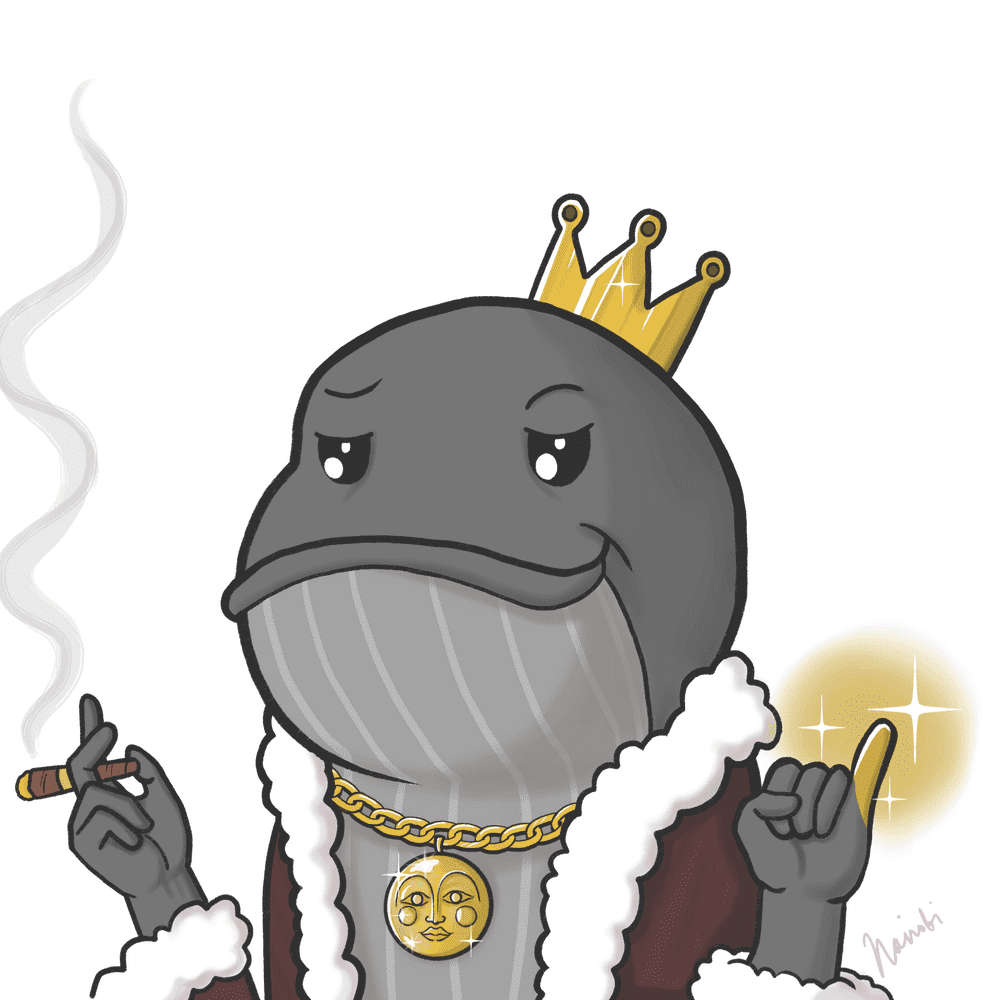 Midas Whale — whale-blue anthropomorphic character with gold accents on fins, glowing right index finger, and Owsley moon belt buckle