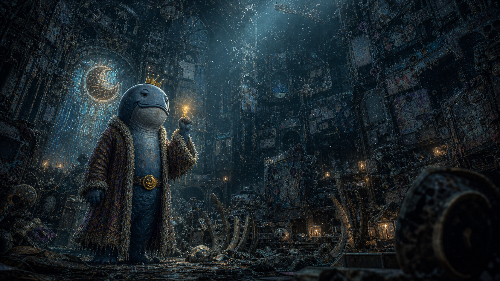 Midas Whale standing inside a drowned archive with a crown, whale-blue body, gold waist buckle, and glowing right index finger