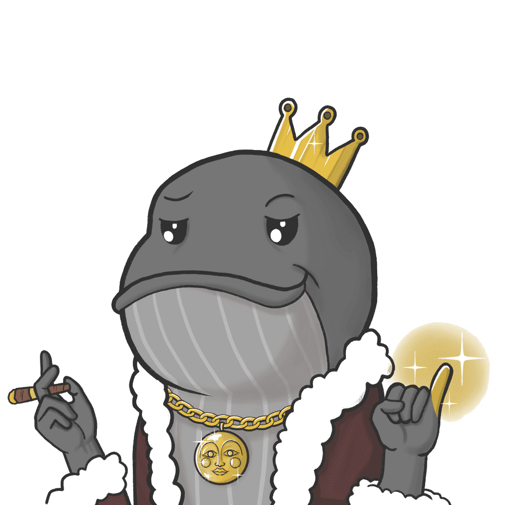 Midas Whale — whale-blue anthropomorphic character with gold accents on fins, glowing right index finger, and Owsley moon belt buckle
